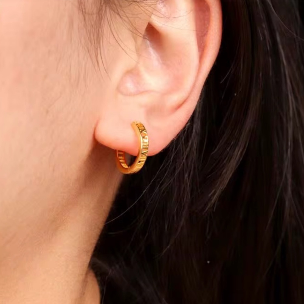925 sterling Silver Gold Plated Roman Numeral Hoop Earrings - Picture 5 of 5